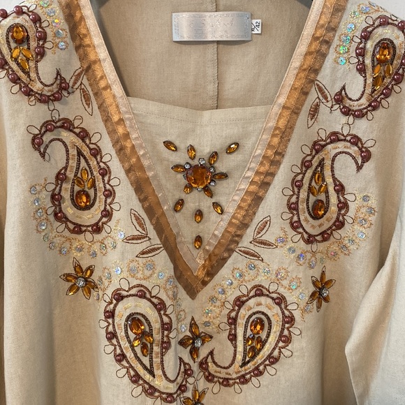 Jewelled Linen Tunic Top XL - Picture 3 of 5